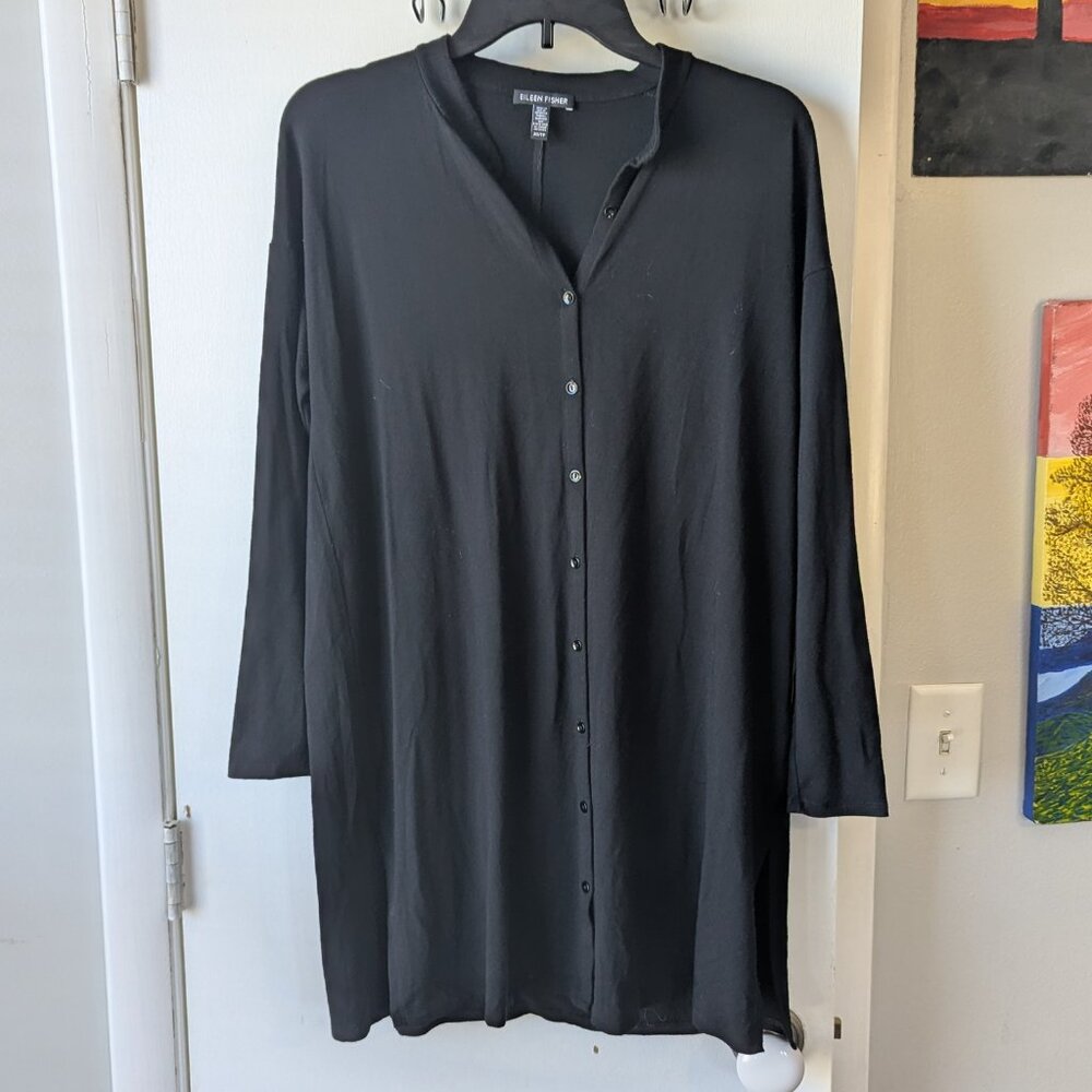 Eileen Fisher Black Long Sleeve Stretchy Button Up Mini Swing Dress Size XS